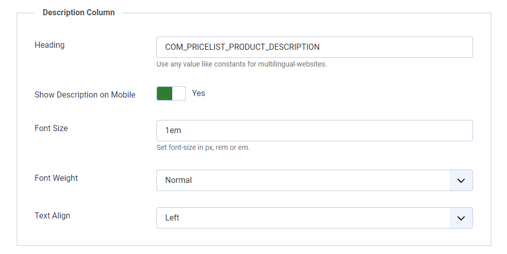 pricelist display options