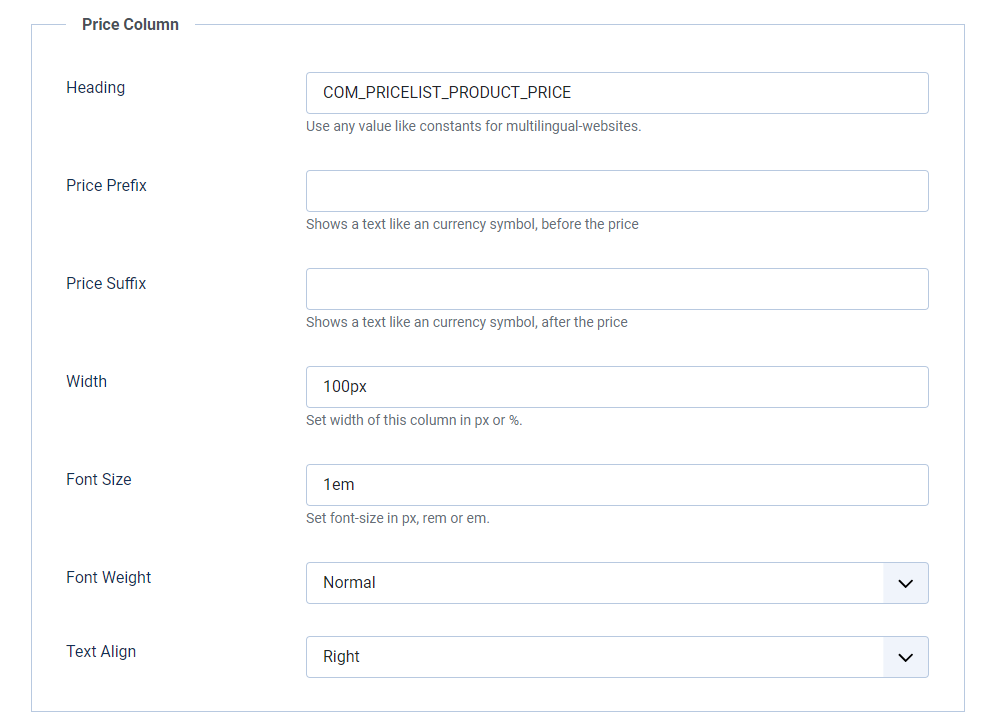 pricelist display options